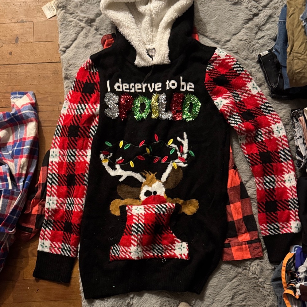 Festive Reindeer Plaid Hoodie